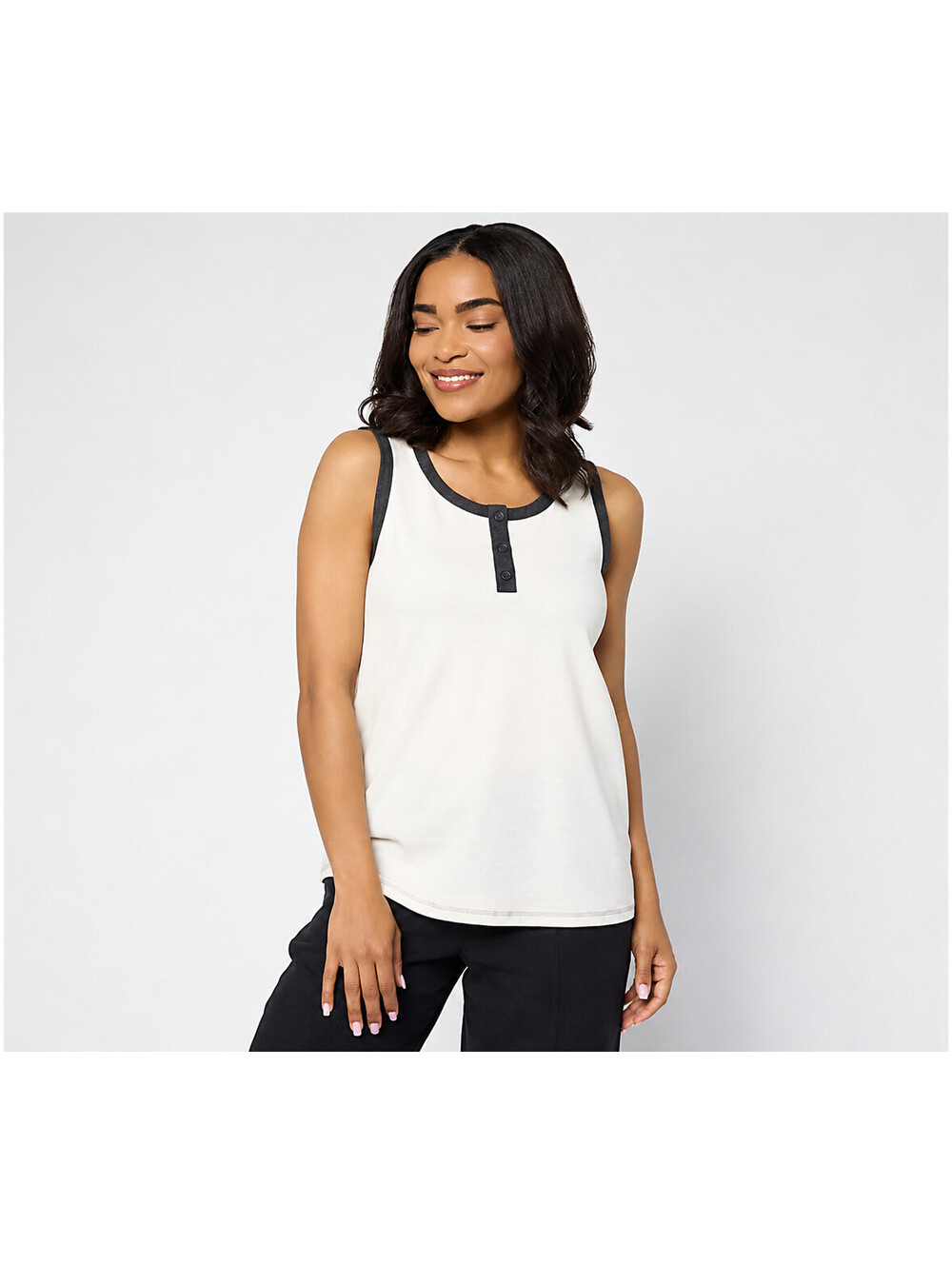 LOGO Principles by Lori Goldstein Contrast Trim Ribbed Tank White/Phantom, 1X